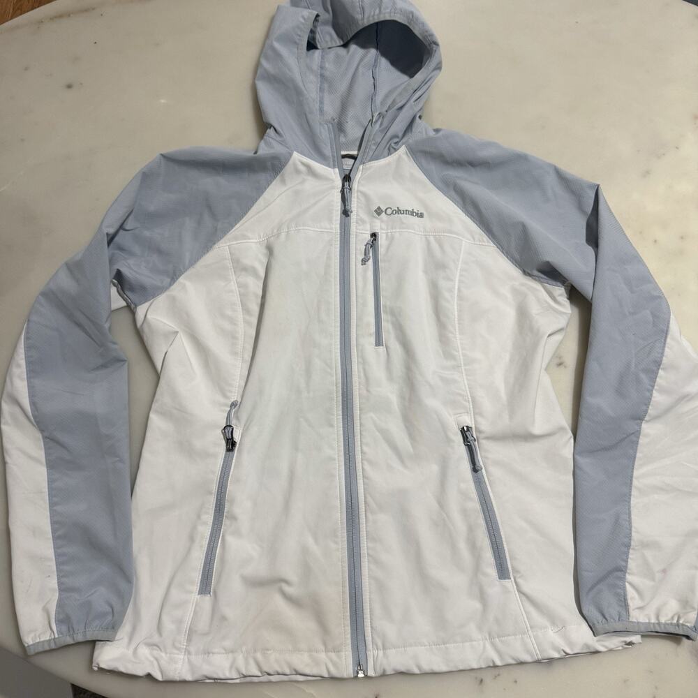 Columbia Windbreaker Rain Jacket Soft Shell Hoodie Raglan White Gray Women's L